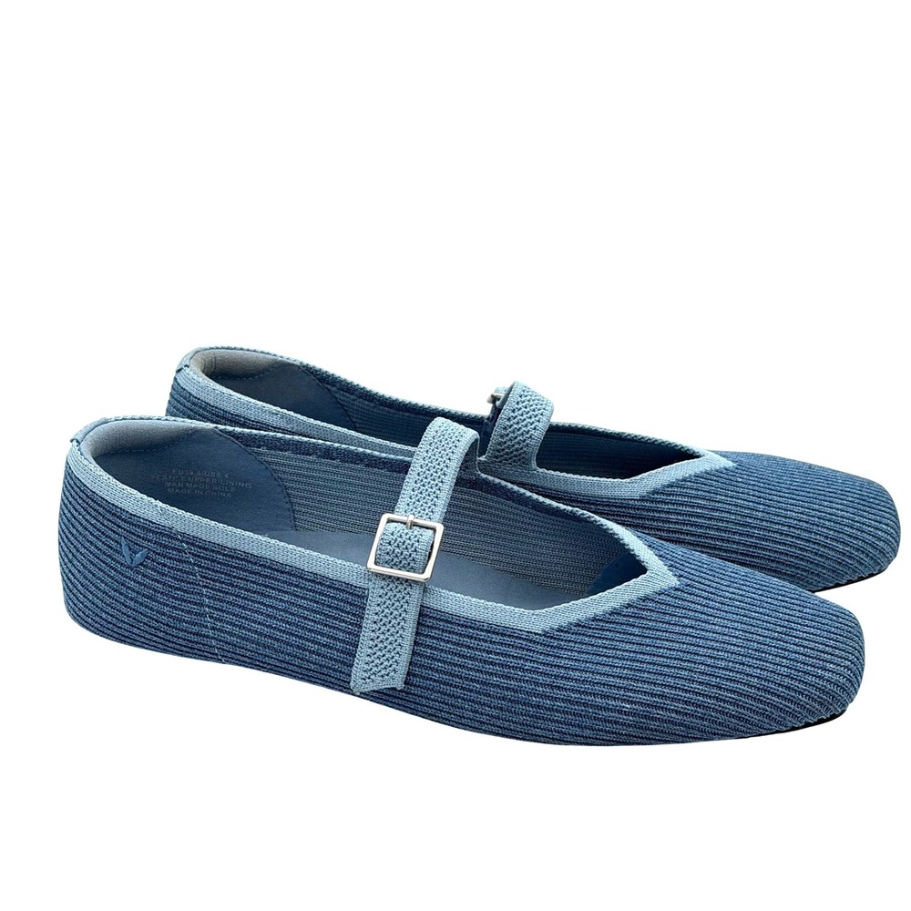 Vivaia Margot Mary Jane Flats Women US 8.5 EU 39.5 Blue Ribbed Knit Ballet Chic